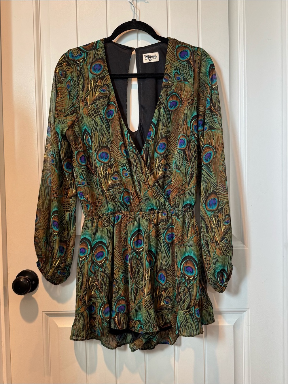 Show Me Your MuMu Fun Peacock Print Long Sleeve Romper Size Large